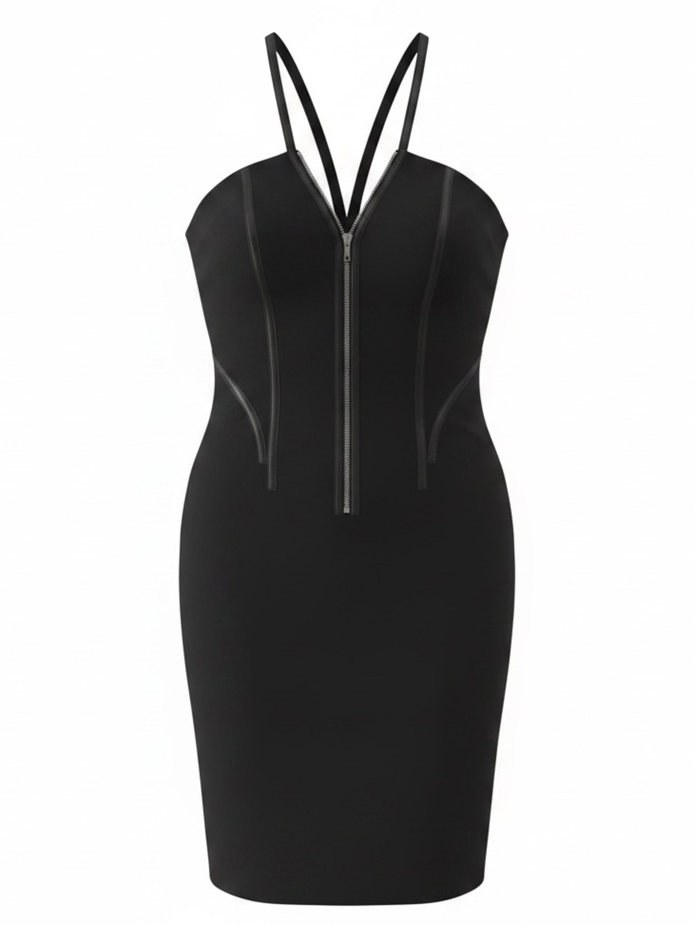 Kimora Lee Simmons Sz 10 Dress Black Zipper Frnt Bodycon Leather trim Goth Punk。